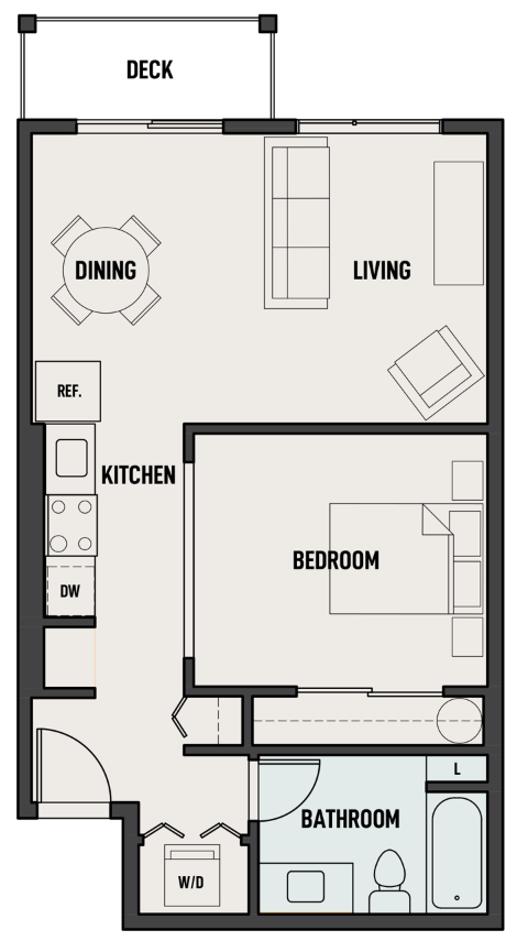 Floor plan for 1 bed, 1 bath, 624 sqft